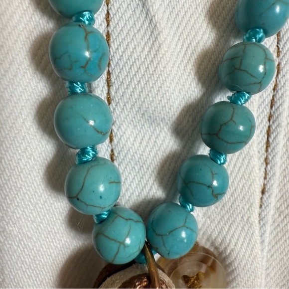 Boho Turquoise Glass Bead Beaded Necklace Leather Tassel Red Accent 34” Western - Picture 4 of 6